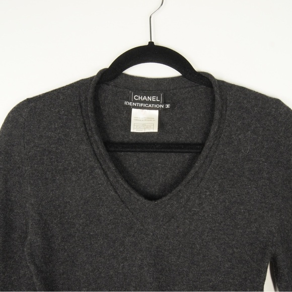 Vintage Chanel Identification Line Dark Grey Cashmere V Neck Pullover Sweater - Picture 3 of 8